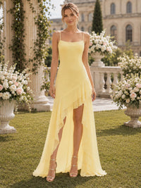 Daffodil spaghetti-strap chiffon high-low bridesmaid dress front view with cascading ruffle skirt