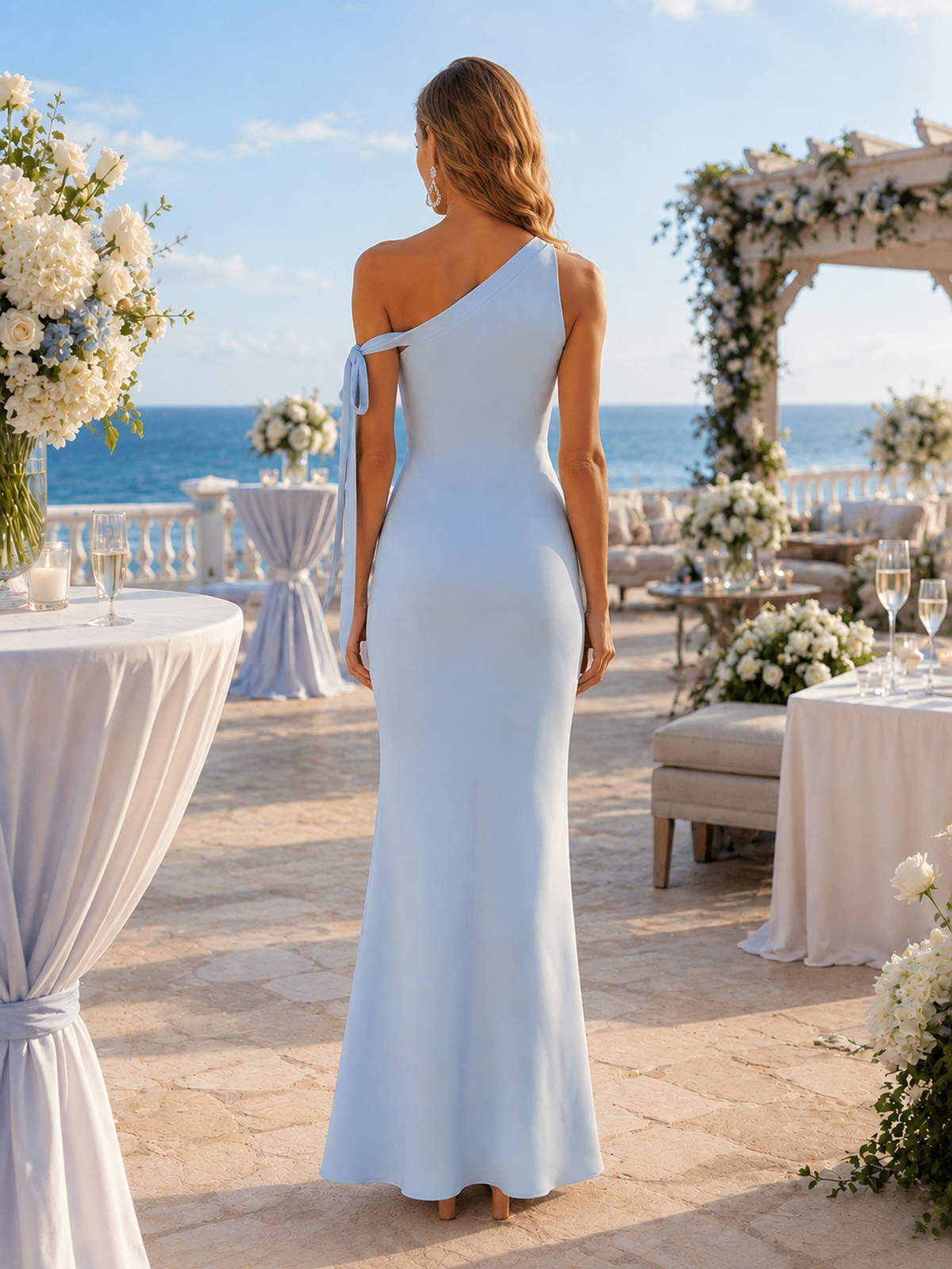 Light blue one-shoulder faux-silk floor-length bridesmaid dress back view with asymmetric shoulder strap, bow tie, and concealed zipper