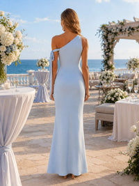 Light blue one-shoulder faux-silk floor-length bridesmaid dress back view with asymmetric shoulder strap, bow tie, and concealed zipper
