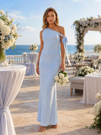 Light blue one-shoulder faux-silk floor-length bridesmaid dress front view with bow tie and flowing shoulder sash