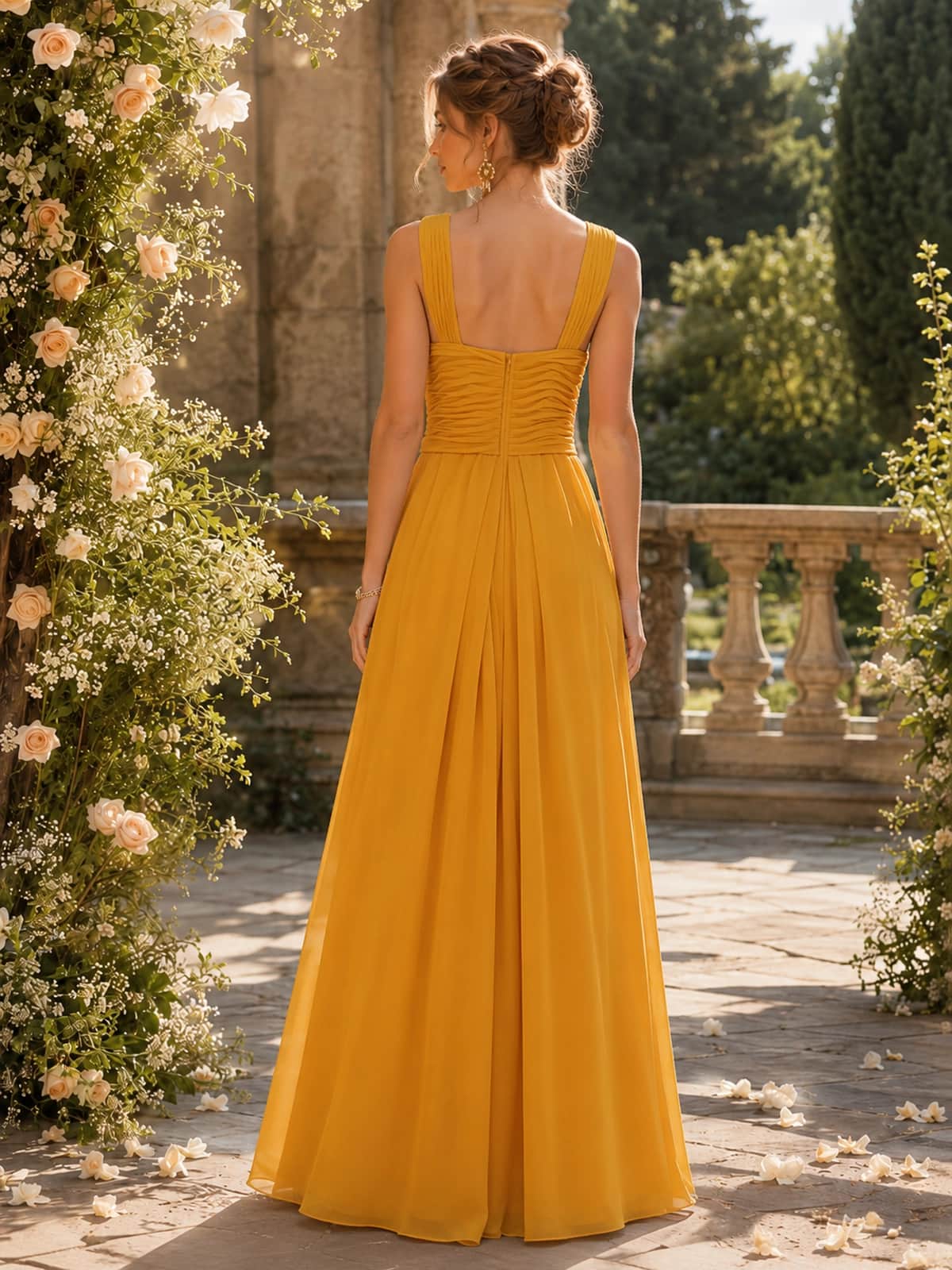 Butterscotch chiffon A-line floor-length bridesmaid dress back view with wide straps, ruched bodice, and concealed zipper