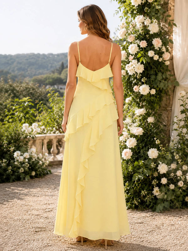 Daffodil chiffon A-line V-neck floor-length bridesmaid dress front view with spaghetti straps and cascading ruffles