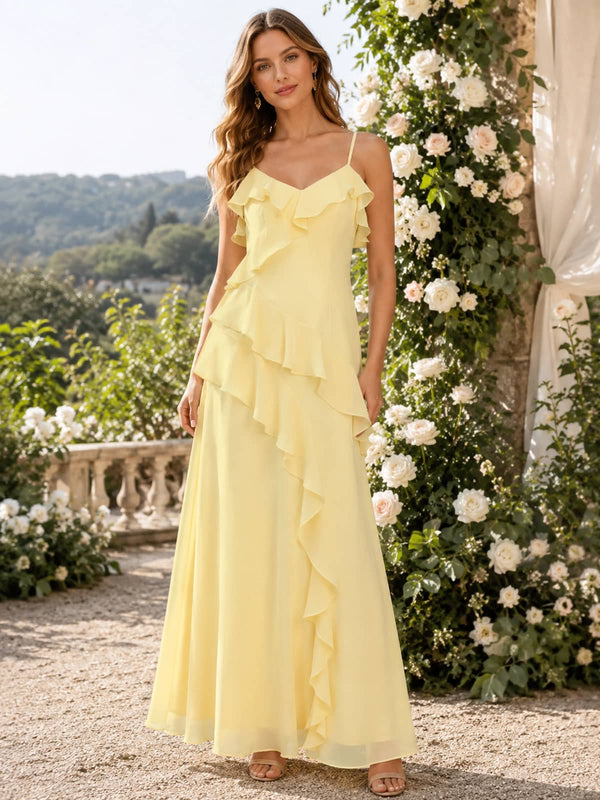Daffodil chiffon A-line V-neck floor-length bridesmaid dress front view with spaghetti straps and cascading ruffles