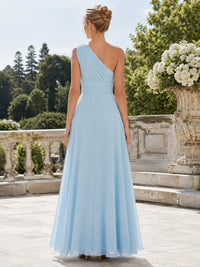 Light blue chiffon A-line one-shoulder floor-length bridesmaid dress back view with pleated bodice, wide waistband, and concealed zipper