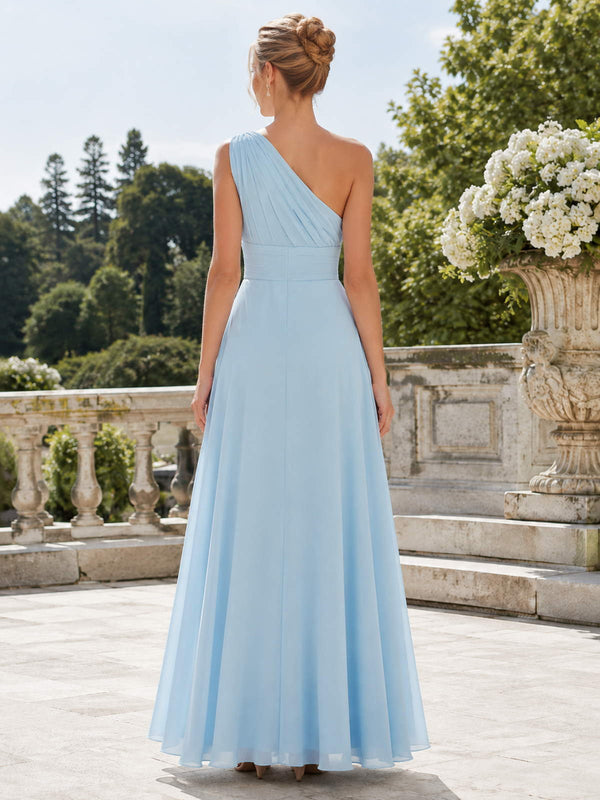 Light blue chiffon A-line one-shoulder floor-length bridesmaid dress back view with pleated bodice, wide waistband, and concealed zipper