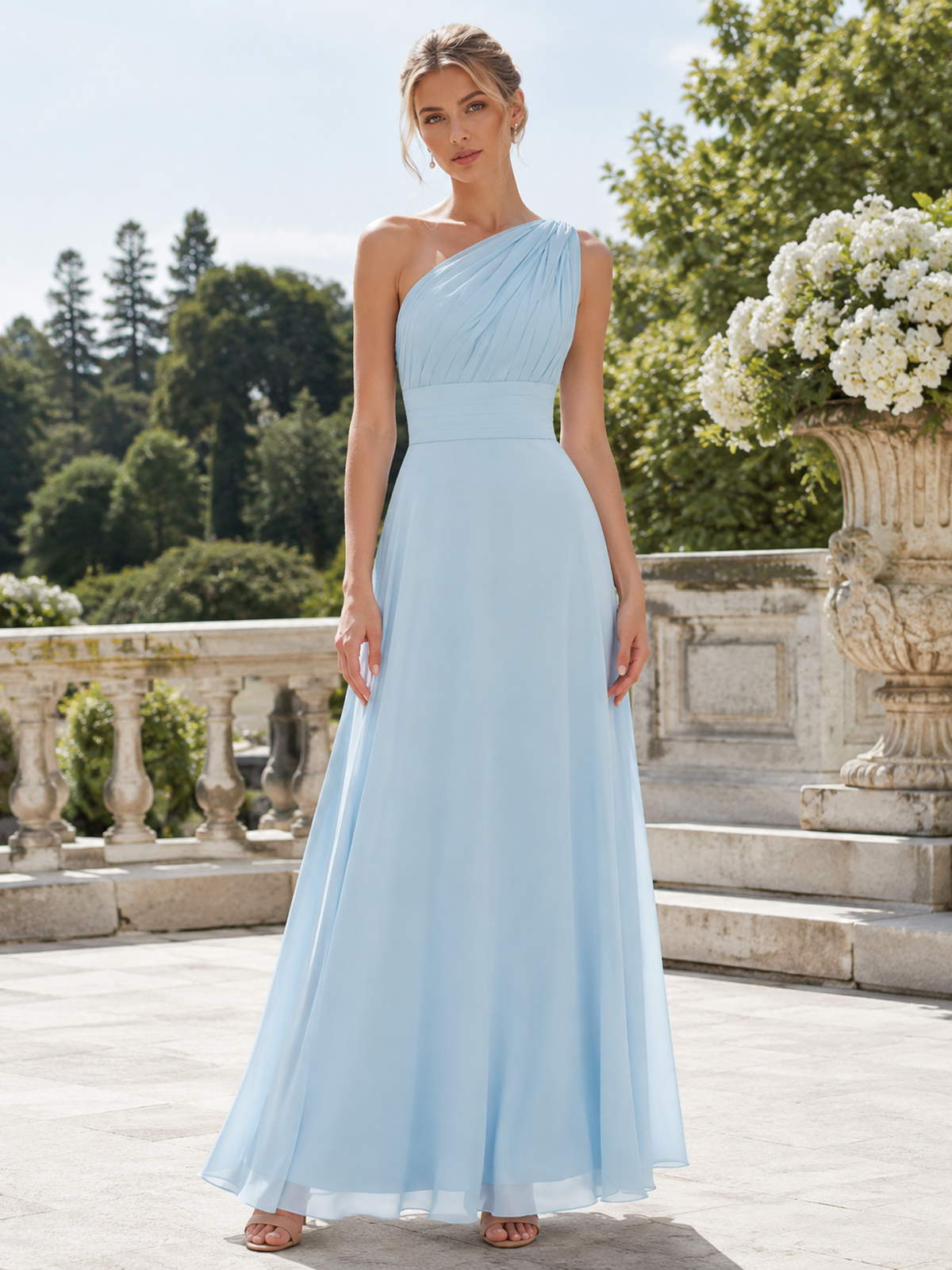 Light blue chiffon A-line one-shoulder floor-length bridesmaid dress front view with pleated bodice and defined waistband
