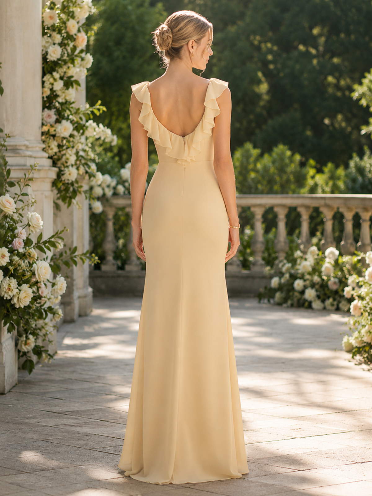 Champagne chiffon column floor-length bridesmaid dress back view with ruffle V-back and concealed zipper