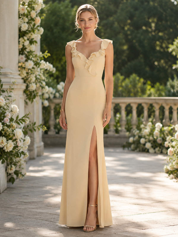 Champagne chiffon column V-neck floor-length bridesmaid dress front view with ruffle neckline and front slit