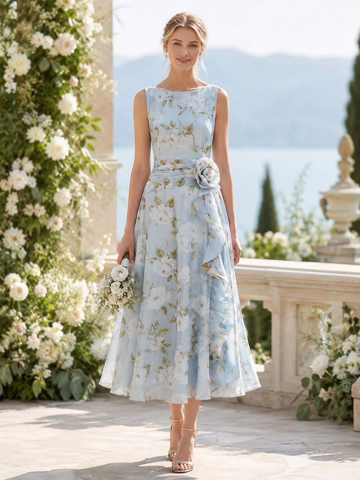 Light blue floral chiffon A-line boat-neck tea-length bridesmaid dress front view with rosette waist detail and cascading ruffle