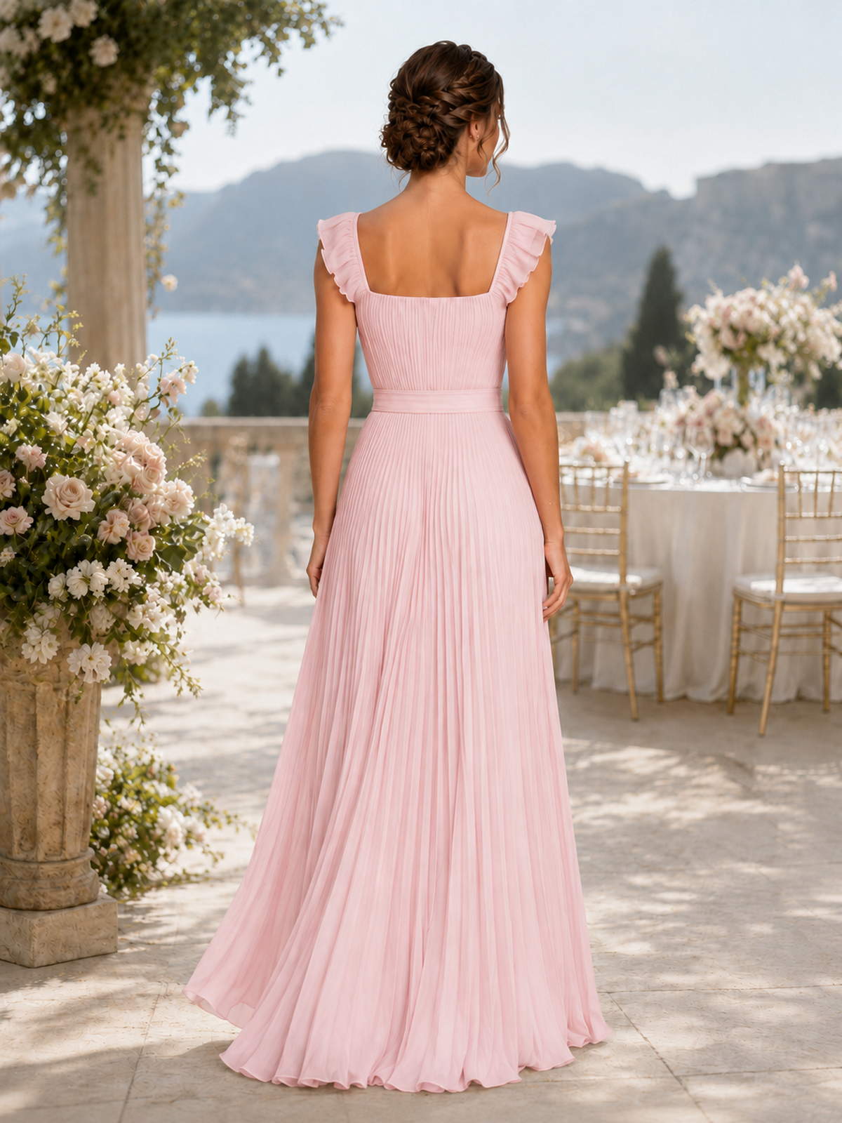 Blush pink chiffon A-line floor-length bridesmaid dress back view with square neckline, ruffle straps, pleated skirt, and concealed zipper