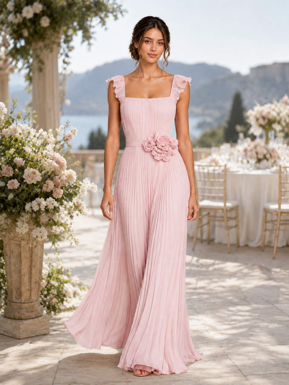 Blush pink chiffon A-line square-neck floor-length bridesmaid dress front view with ruffle straps, pleated skirt, and rosette waist detail