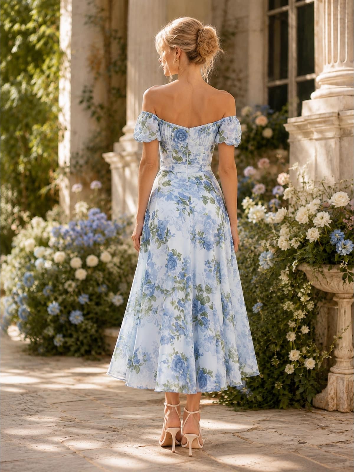 Floral chiffon A-line off-shoulder tea-length bridesmaid dress back view with puff sleeves, fitted bodice, and concealed zipper