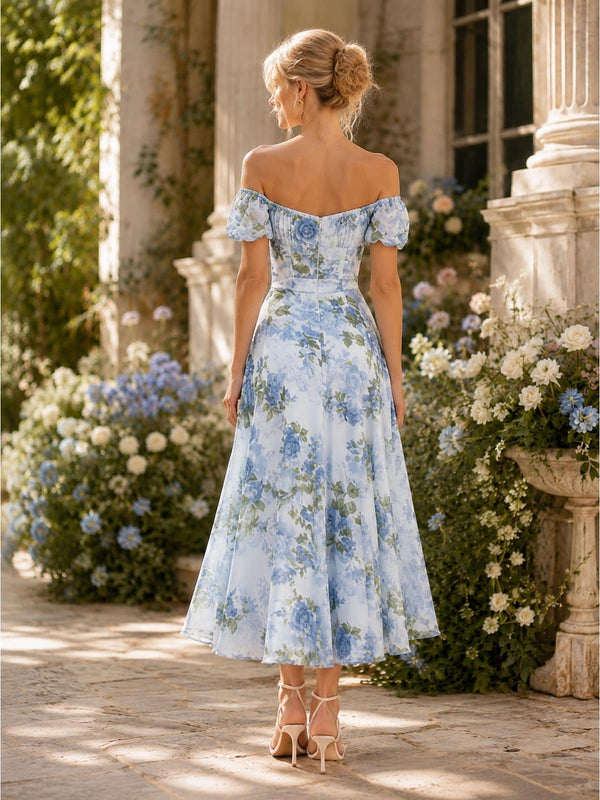 Floral chiffon A-line off-shoulder tea-length bridesmaid dress back view with puff sleeves, fitted bodice, and concealed zipper