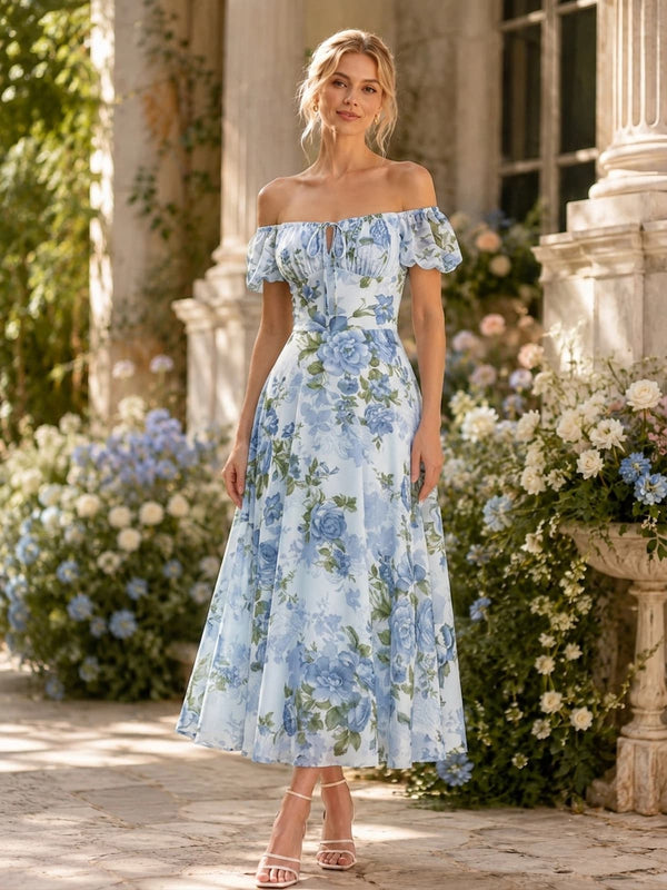 Floral chiffon A-line off-shoulder tea-length bridesmaid dress front view with puff sleeves, ruched bodice, and center tie detail