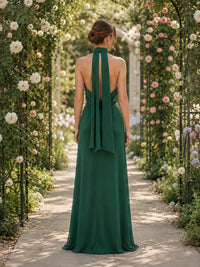 Dark green chiffon A-line floor-length bridesmaid dress back view with open back, long scarf neck ties, and concealed zipper