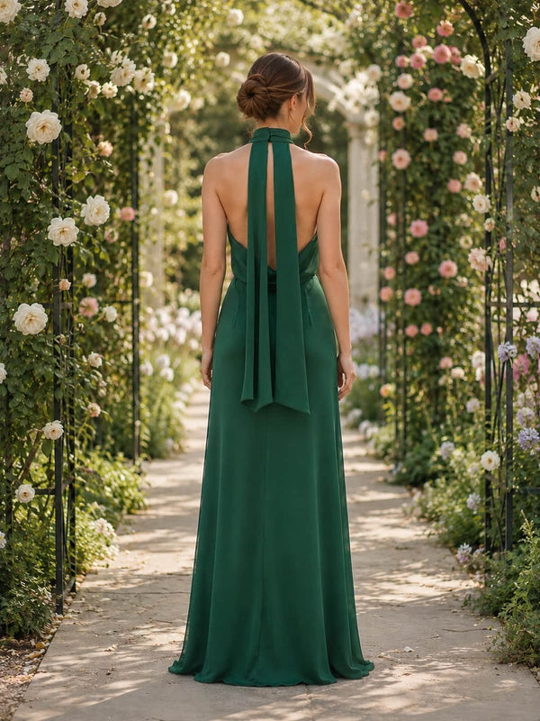 Dark green chiffon A-line floor-length bridesmaid dress back view with open back, long scarf neck ties, and concealed zipper