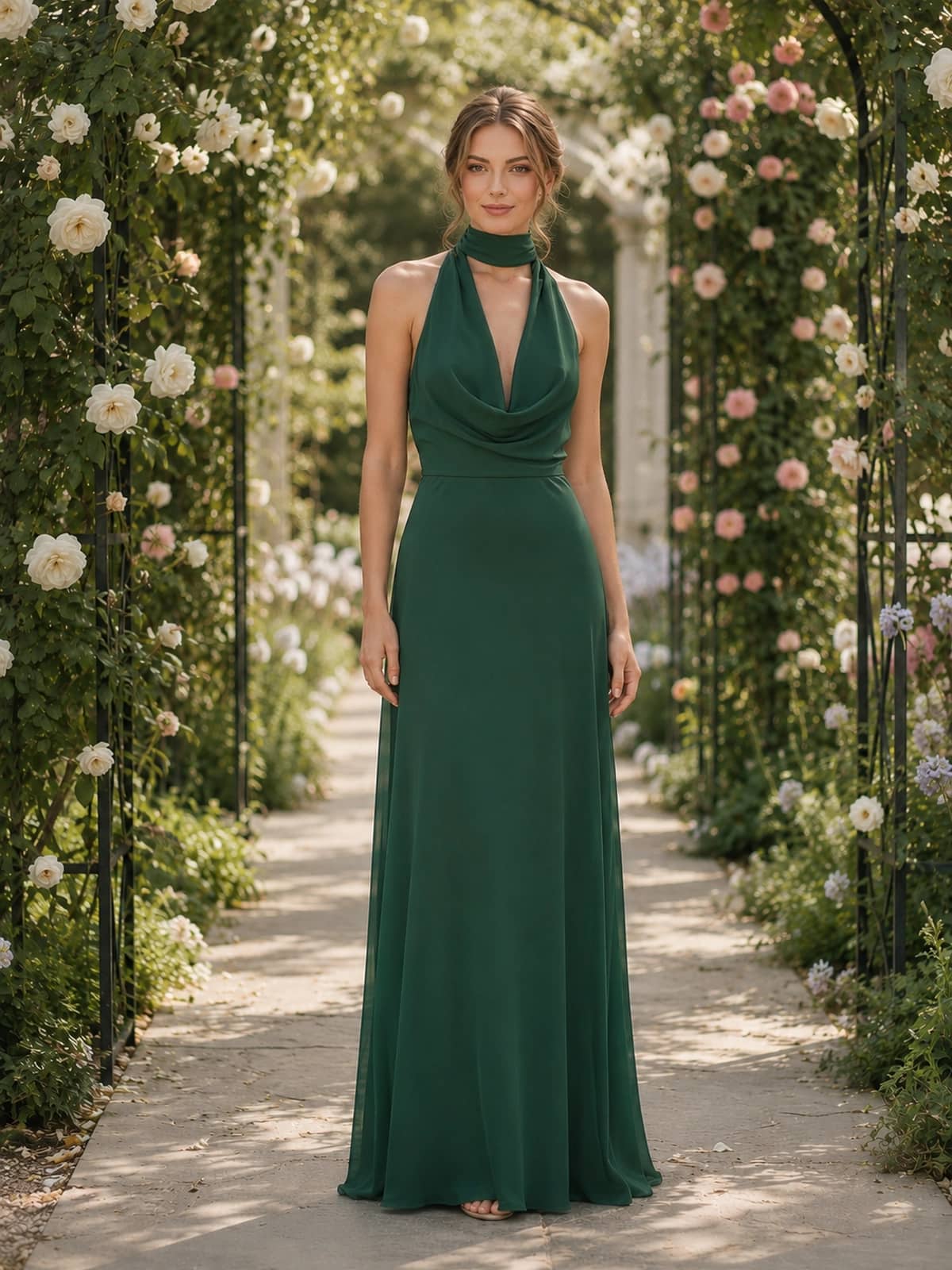 Dark green chiffon A-line cowl halter floor-length bridesmaid dress front view with draped neckline, defined waist, and flowing skirt