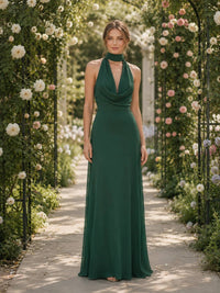 Dark green chiffon A-line cowl halter floor-length bridesmaid dress front view with draped neckline, defined waist, and flowing skirt