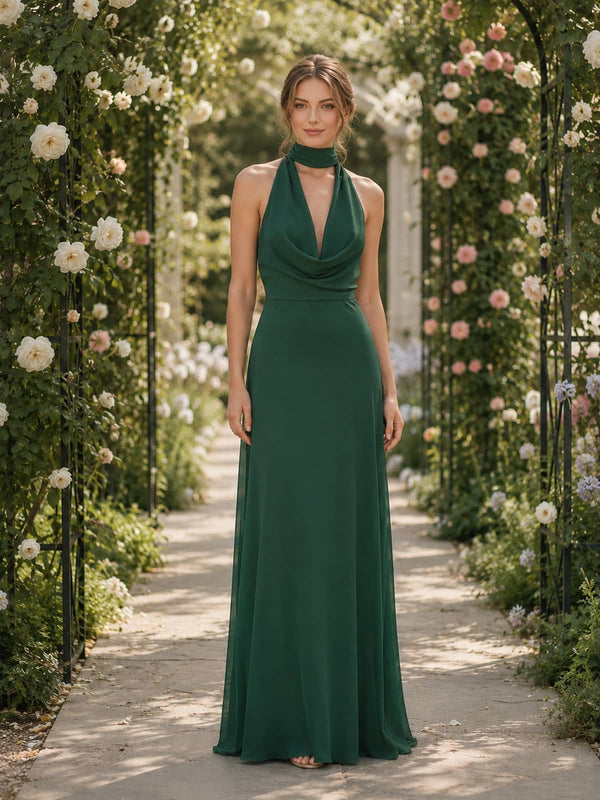 Dark green chiffon A-line cowl halter floor-length bridesmaid dress front view with draped neckline, defined waist, and flowing skirt