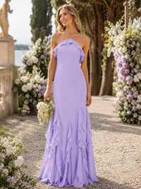 Lilac chiffon mermaid halter floor-length bridesmaid dress front view with ruffled neckline, fitted bodice, and layered ruffle hem