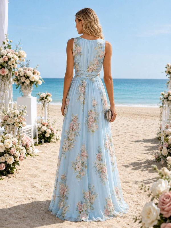 Floral chiffon A-line floor-length bridesmaid dress back view with gathered bodice, wrap waistband, and concealed zipper