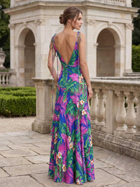 Floral chiffon bridesmaid dress back view with open back and spaghetti strap detail