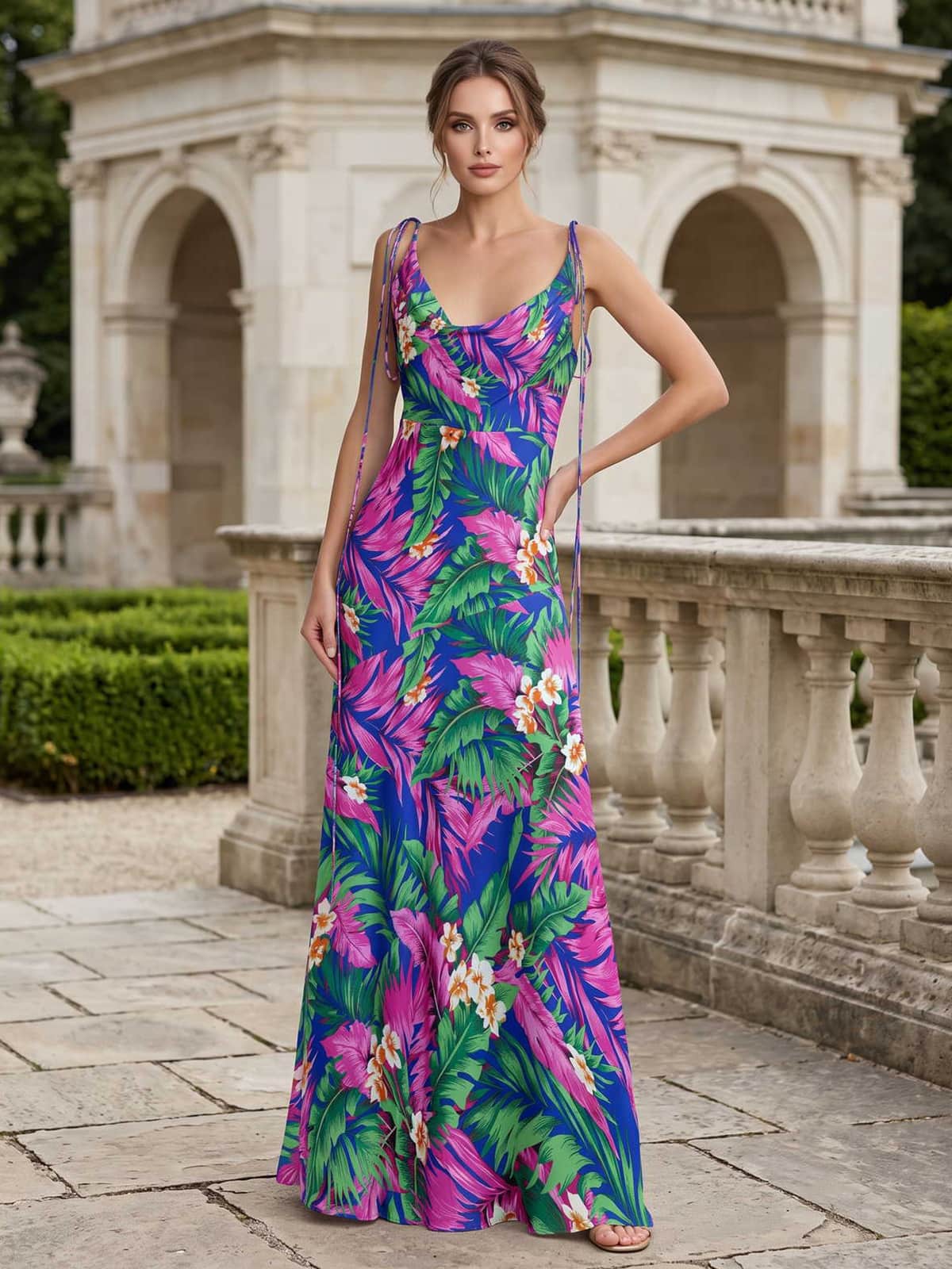 Floral chiffon cowl neck floor length bridesmaid dress front view with spaghetti straps
