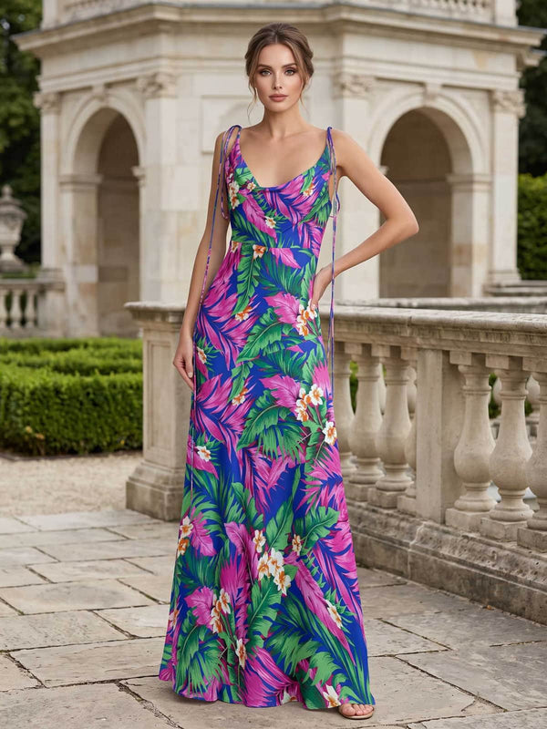 Floral chiffon cowl neck floor length bridesmaid dress front view with spaghetti straps