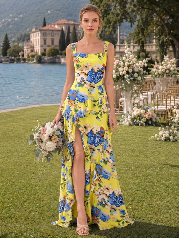 Floral chiffon A-line bridesmaid dress with square neckline, cascading ruffle, front slit, and floor-length silhouette