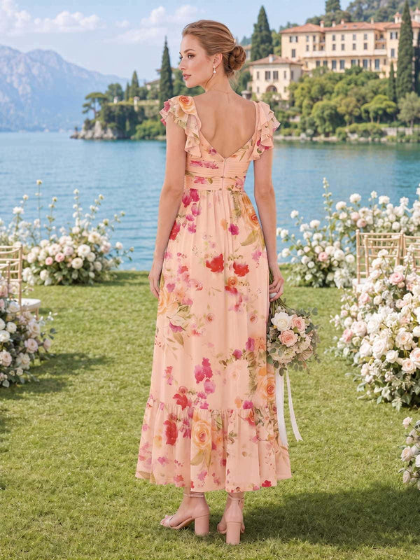 Floral chiffon bridesmaid dress with open back, tie detail, ruffled cap sleeves, and ankle-length A-line silhouette