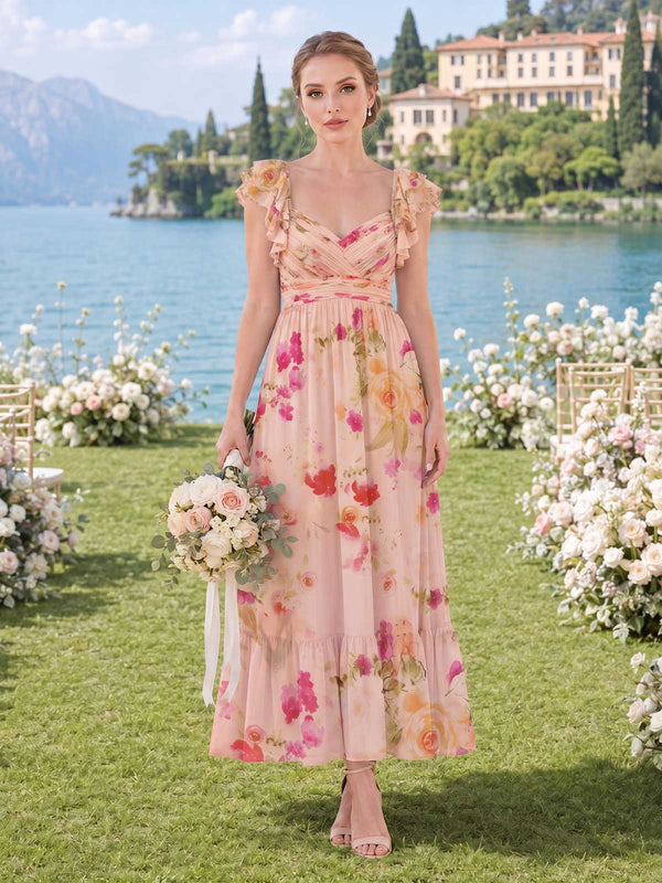 Floral chiffon A-line bridesmaid dress with V-neckline, ruffled cap sleeves, ankle-length skirt, and tiered ruffle hem