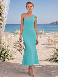 Turquoise chiffon sheath bridesmaid dress with asymmetric neckline, one-shoulder strap detail, and ankle-length flared hem