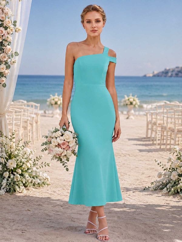 Turquoise chiffon sheath bridesmaid dress with asymmetric neckline, one-shoulder strap detail, and ankle-length flared hem