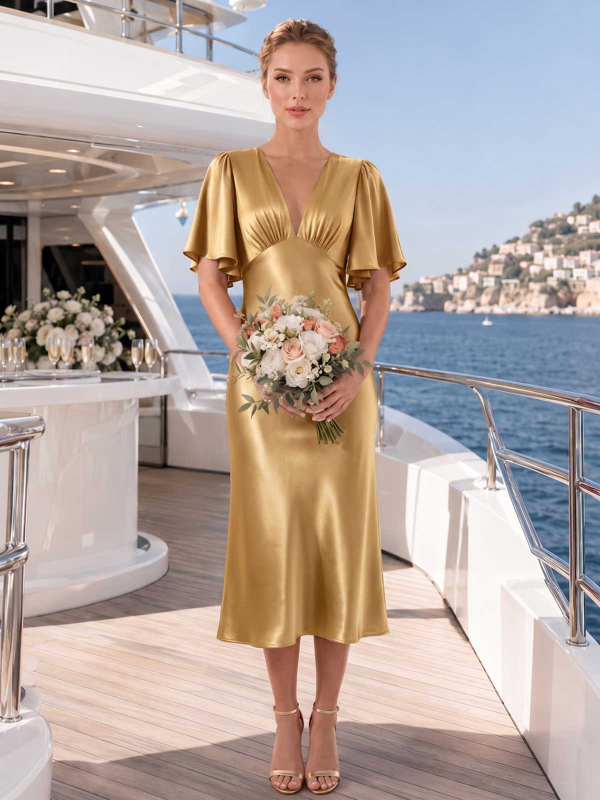 Gold faux silk midi bridesmaid dress with V-neckline, flutter sleeves, sheath silhouette, and elegant yacht wedding style