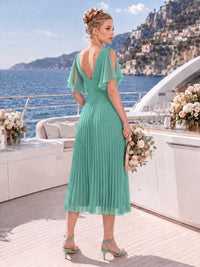 Chiffon midi bridesmaid dress with open V-back, flutter sleeves, center back zipper, and pleated A-line skirt