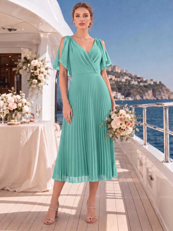 Chiffon midi bridesmaid dress with V-neckline, flutter sleeves, pleated A-line skirt, and soft flowing silhouette