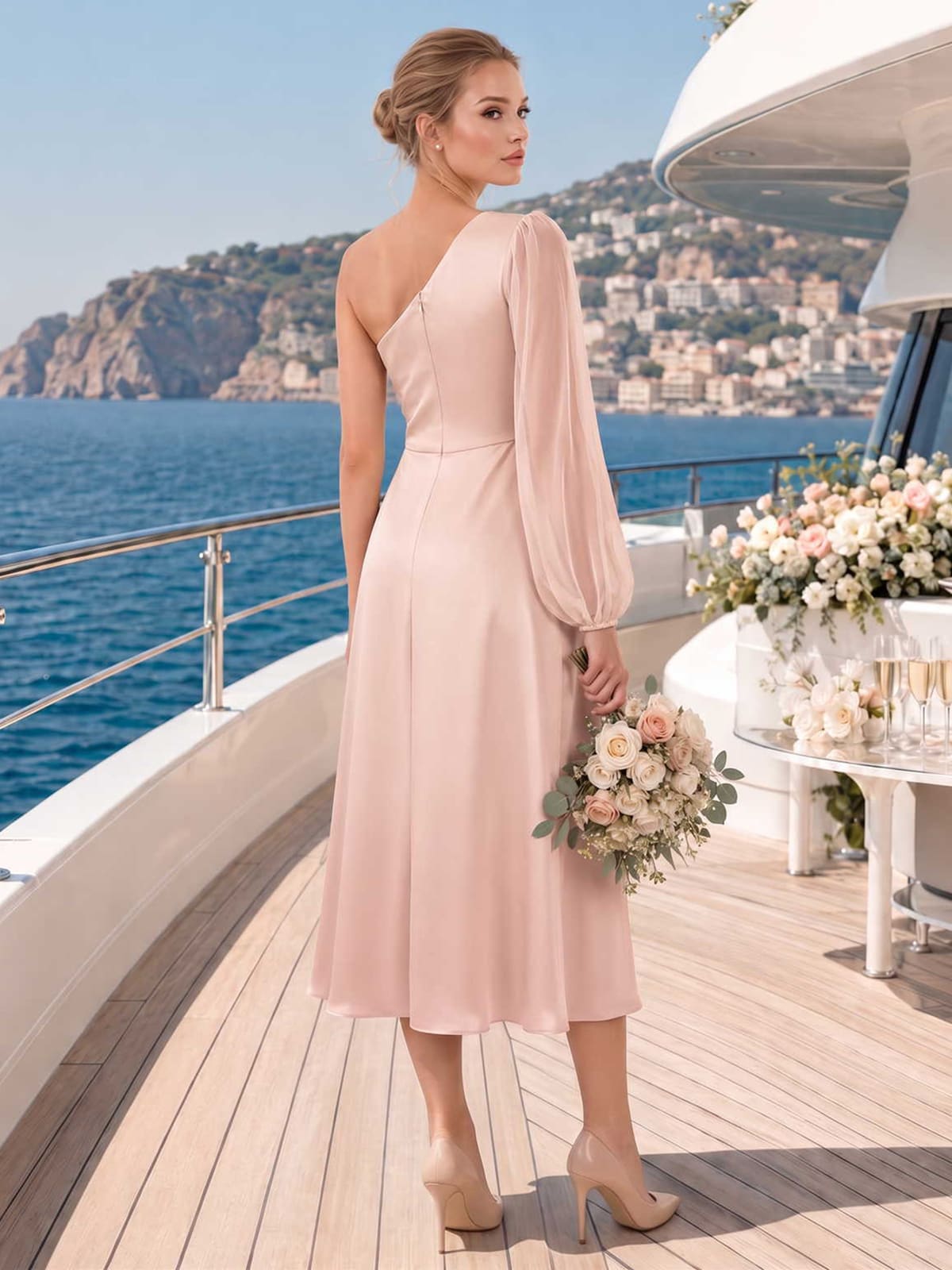 Blush faux silk bridesmaid dress with asymmetric open back, single bishop sleeve, center back zipper, and midi-length skirt