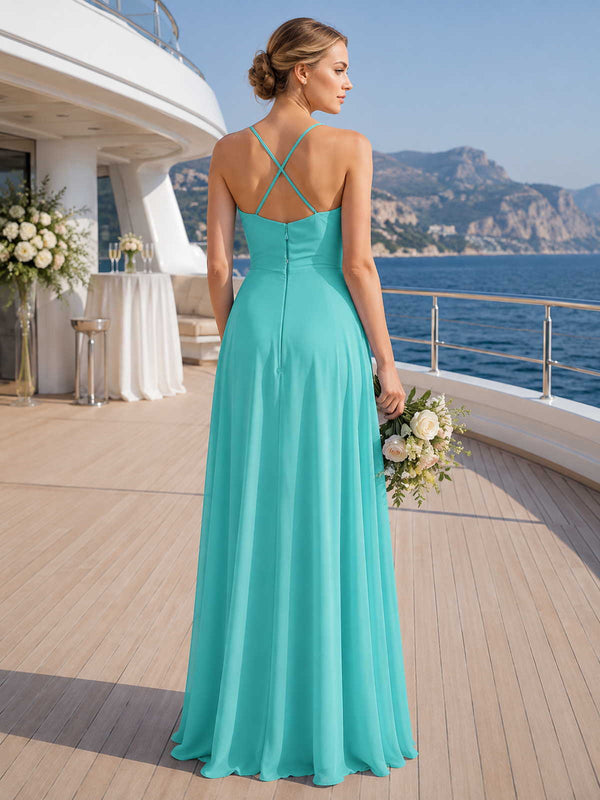 Chiffon A-Line V-Neck Floor-Length Bridesmaid Dress with Crisscross Back and Cascading Ruffle (VET-BMD-0054)