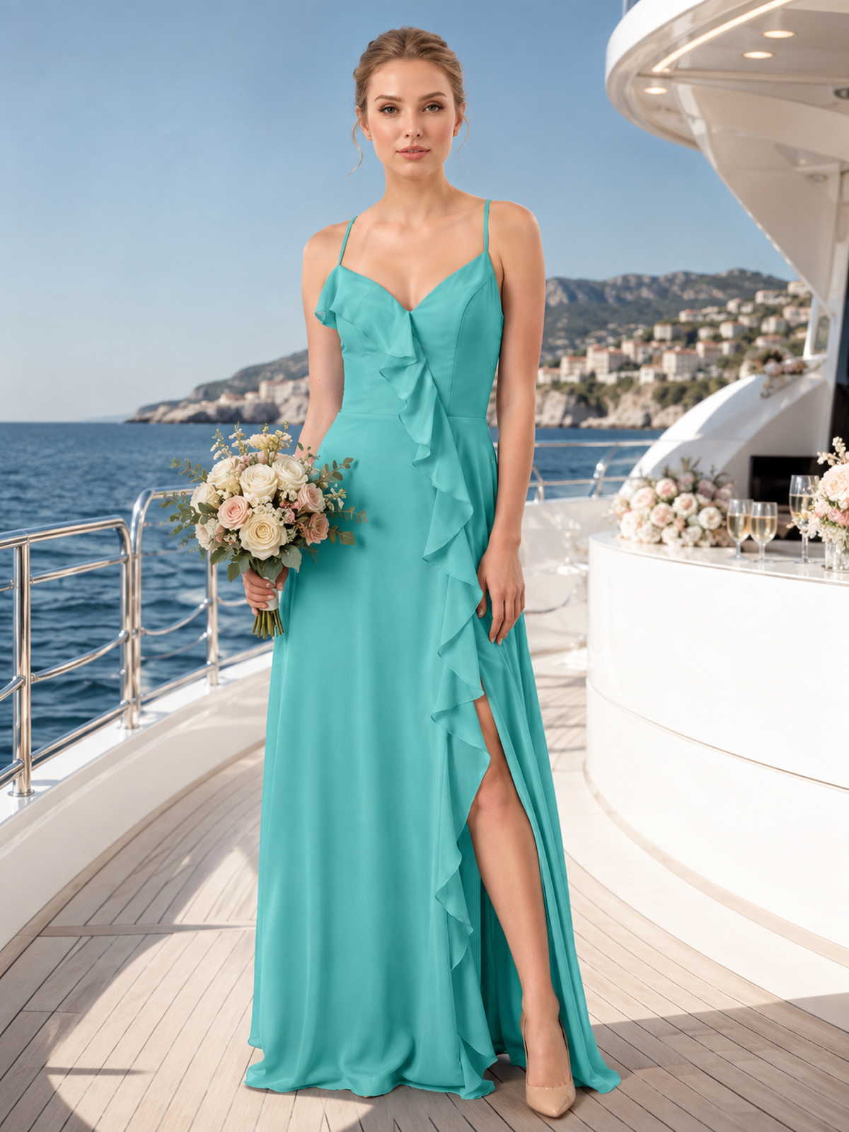 Chiffon A-Line V-Neck Floor-Length Bridesmaid Dress with Crisscross Back and Cascading Ruffle (VET-BMD-0054)