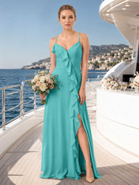 Chiffon A-Line V-Neck Floor-Length Bridesmaid Dress with Crisscross Back and Cascading Ruffle (VET-BMD-0054)