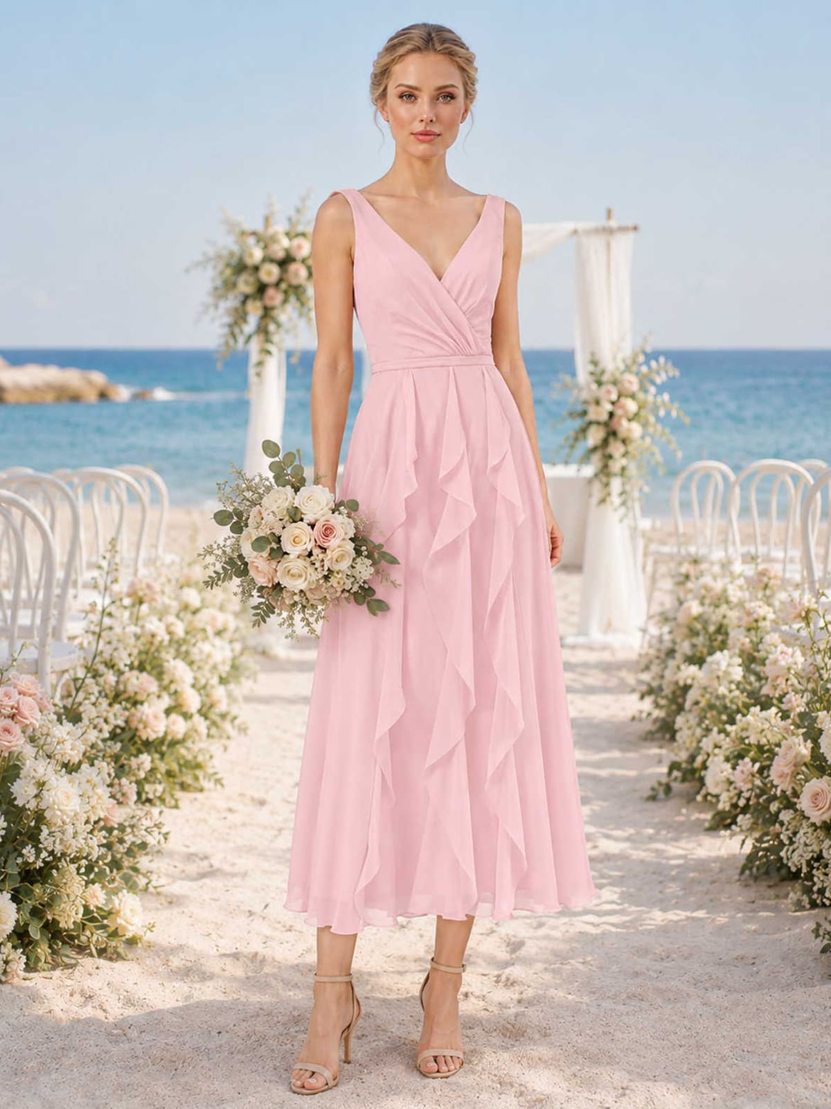 Blush chiffon bridesmaid dress with V-neckline, wide straps, ruched bodice, cascading ruffle detail, and midi A-line skirt