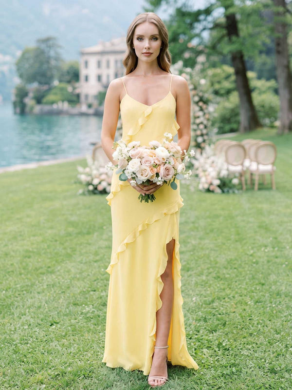 Daffodil chiffon bridesmaid dress with spaghetti straps, V-neckline, cascading ruffle detail, front slit, and floor-length skirt