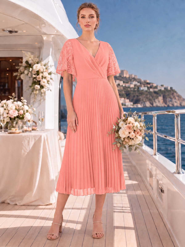 Coral chiffon bridesmaid dress with V-neckline, lace flutter sleeves, pleated midi skirt, and A-line silhouette