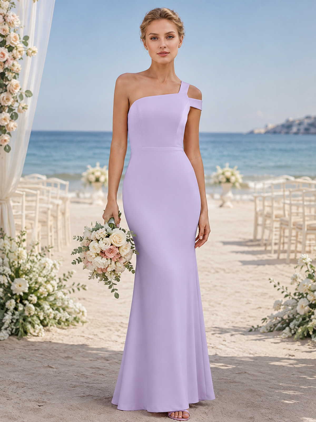 Lavender chiffon bridesmaid dress with one-shoulder neckline, off-shoulder strap, fitted bodice, and floor-length sheath silhouette