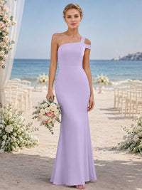 Lavender chiffon bridesmaid dress with one-shoulder neckline, off-shoulder strap, fitted bodice, and floor-length sheath silhouette