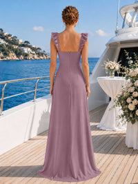 Dusty mauve chiffon bridesmaid dress with open back, ruffle shoulder straps, back zipper, fitted bodice, and flowing floor-length skirt