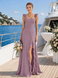 Dusty mauve chiffon bridesmaid dress with square neckline, ruffle straps, front slit, cascading ruffle detail, and floor-length A-line silhouette