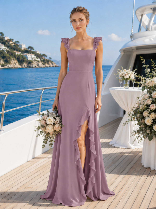 Dusty mauve chiffon bridesmaid dress with square neckline, ruffle straps, front slit, cascading ruffle detail, and floor-length A-line silhouette