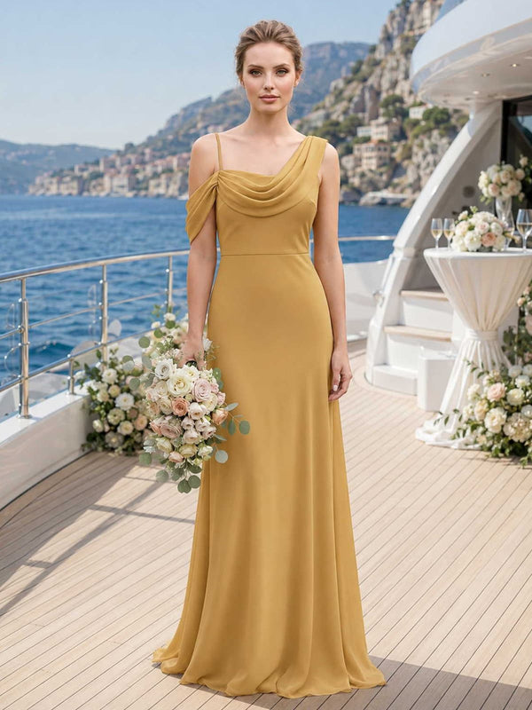 Front view of a mustard yellow chiffon floor-length bridesmaid dress with cowl neckline, spaghetti straps, off-shoulder draped detail, and flowing A-line skirt.
