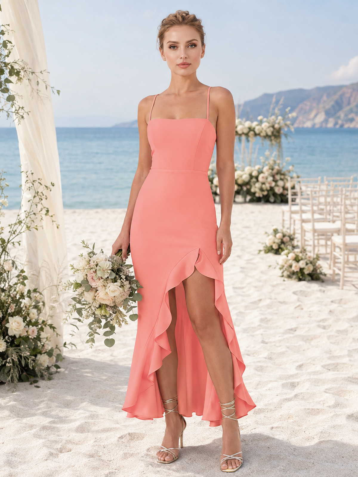 Front view of a coral chiffon midi bridesmaid dress with square neckline, spaghetti straps, front slit, cascading ruffle detail, and fitted sheath silhouette.